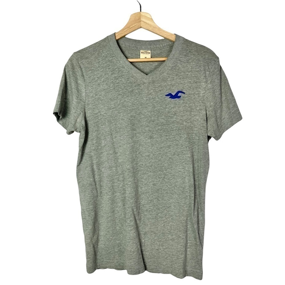 Hollister Gray V-Neck‎ Y2K Blue Logo T-Shirt M
